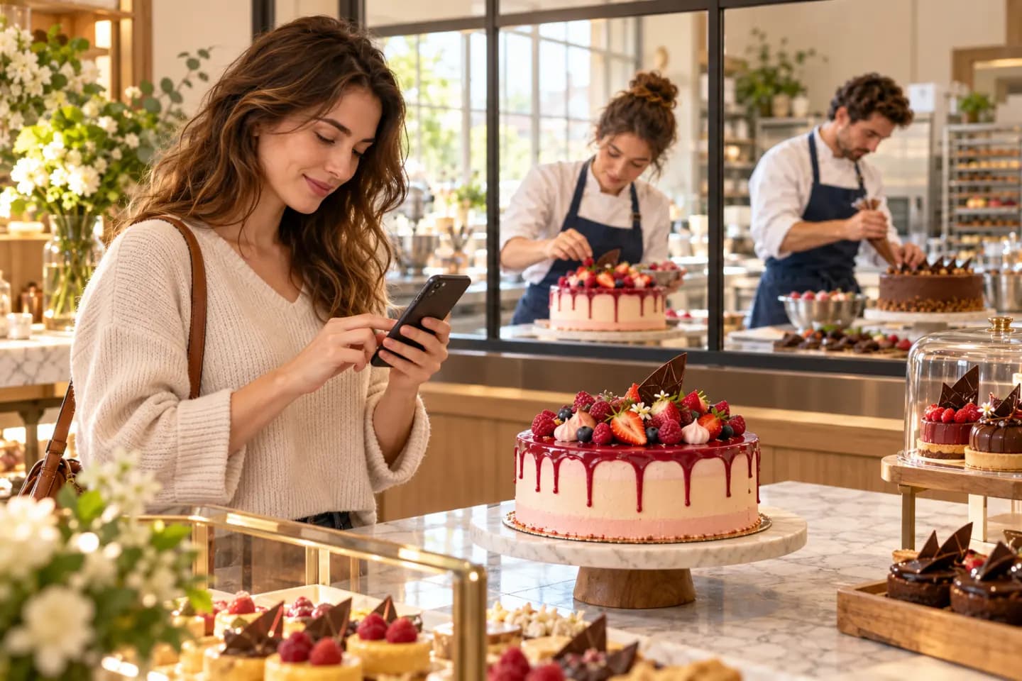 Une cliente utilise son téléphone devant l’atelier de pâtisserie.