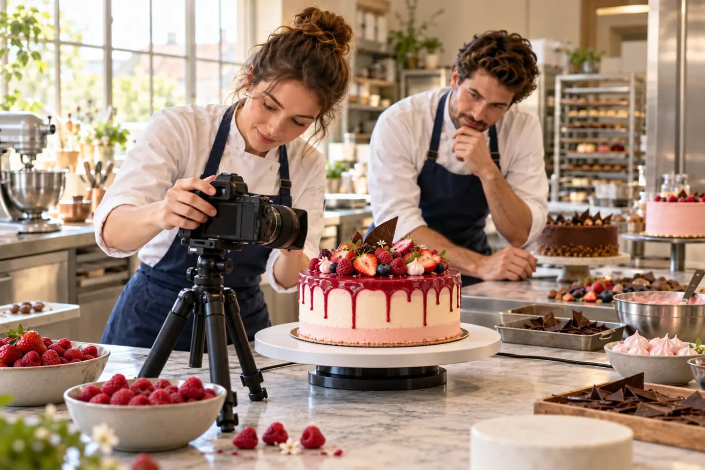Un gâteau est photographié sur un plateau rotatif pour sa production 3D.
