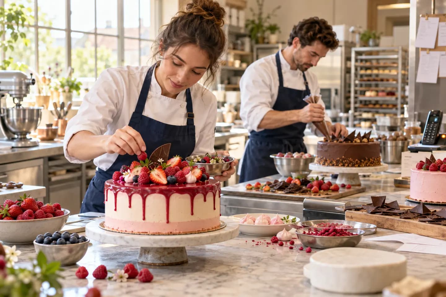 Deux pâtissiers préparent des gâteaux dans un atelier lumineux.