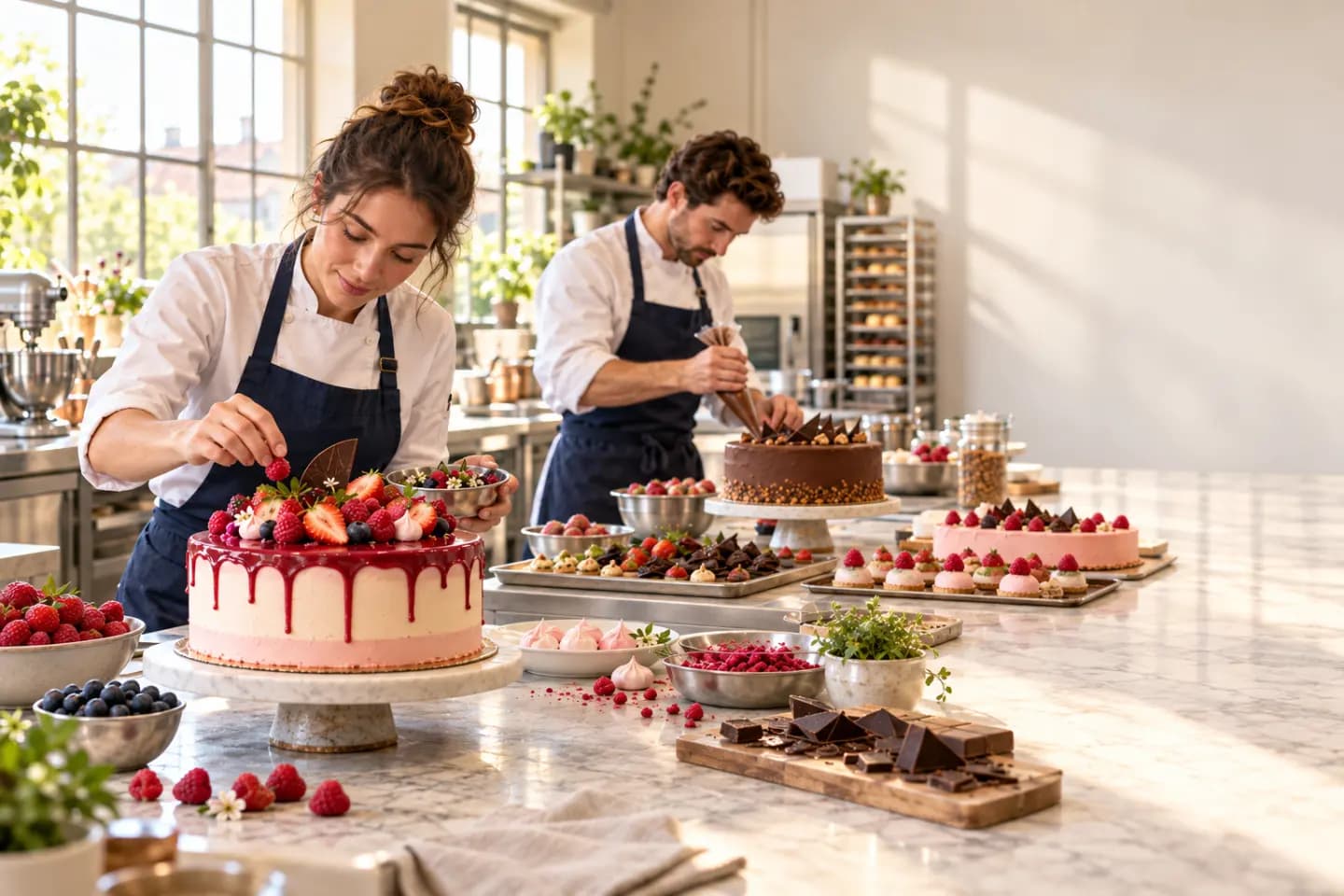 Une équipe organise la production de plusieurs gâteaux dans un atelier.