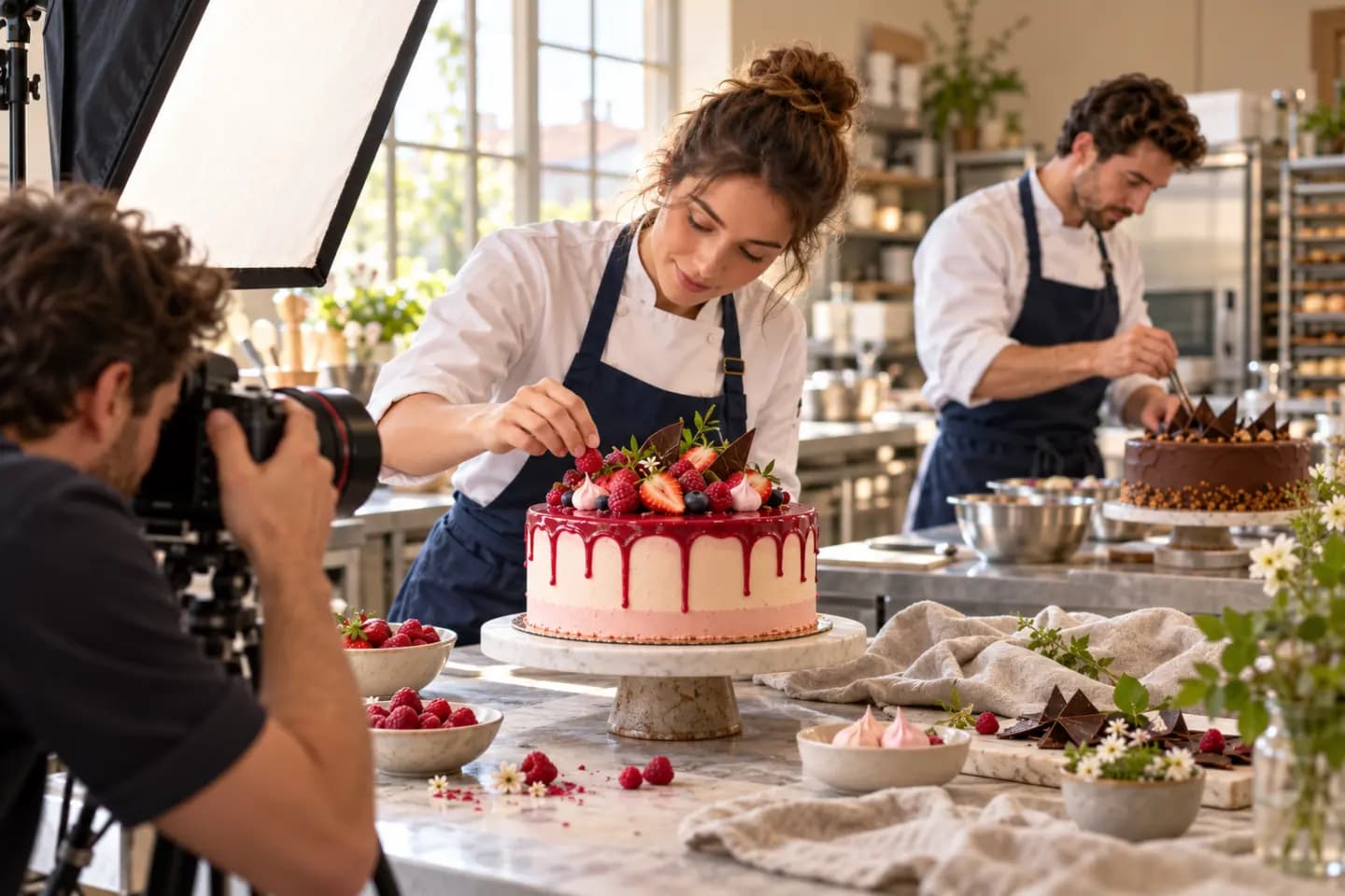 Une séance de photographie culinaire met en valeur un gâteau en atelier.